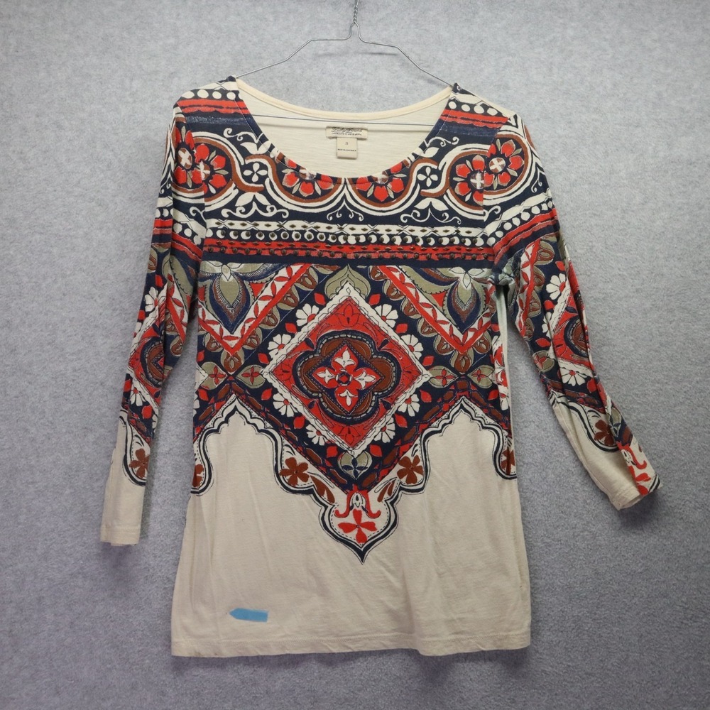 Lucky‎ Brand Top Womens Small Boho Casual Scoop Neck Ivory Floral 3/4 Sleeve